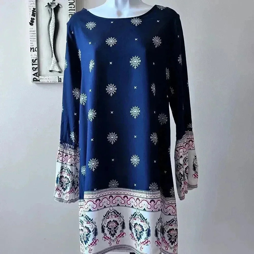 C Label Boho Blue Printed Tunic Mini Dress Size S